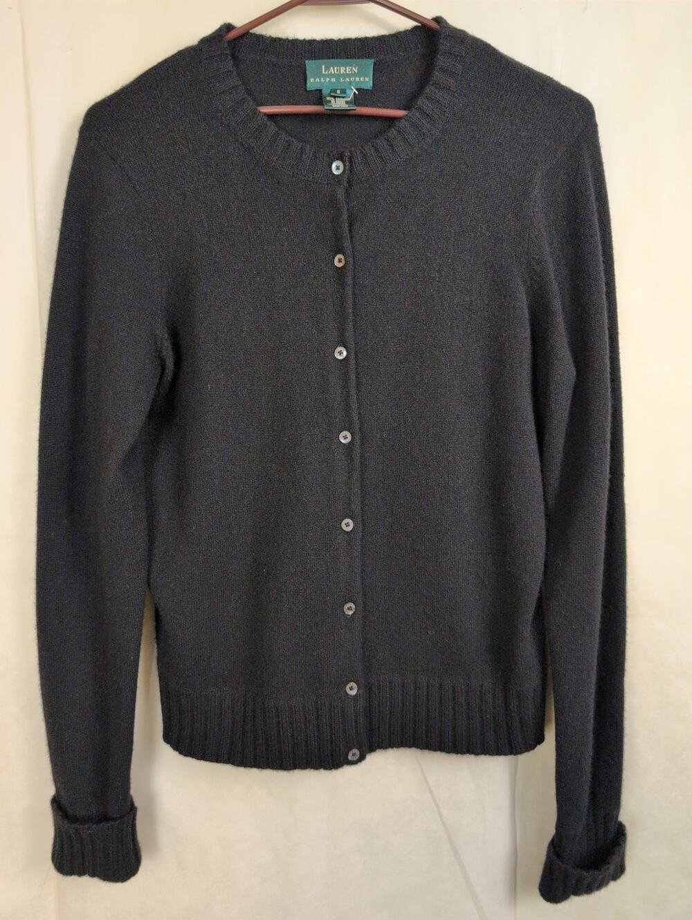 Lauren Ralph Lauren black button front 100% cashmere sweater Size S Preppy Luxe